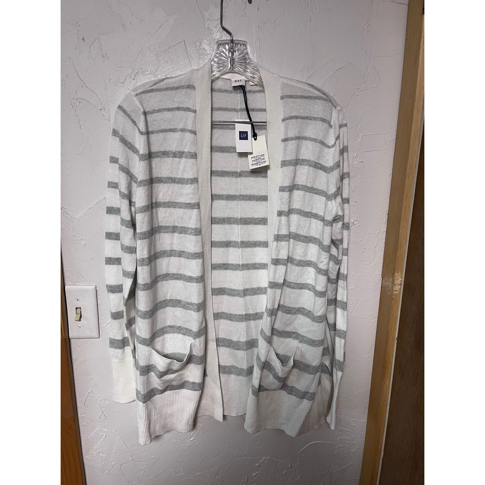 Gap Womens Striped Open Front Cardigan Linen Blend White Grey Pockets Medium NWT